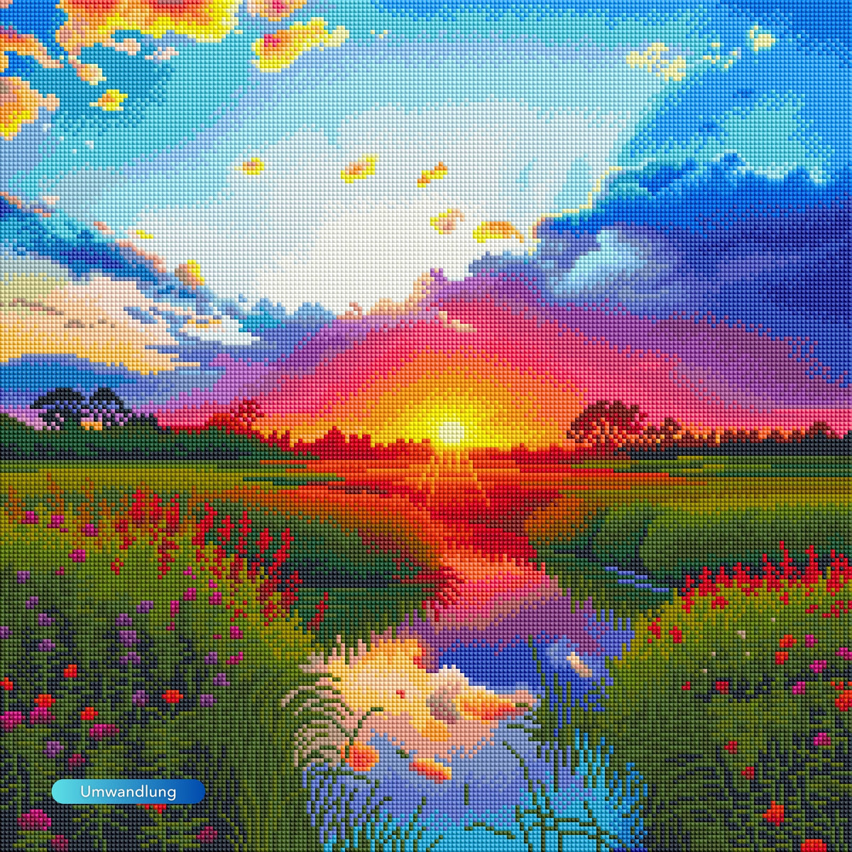 Diamond Painting Set Morgenrot mit farbenfrohem Sonnenaufgang über einer Blumenwiese und einem glitzernden Fluss