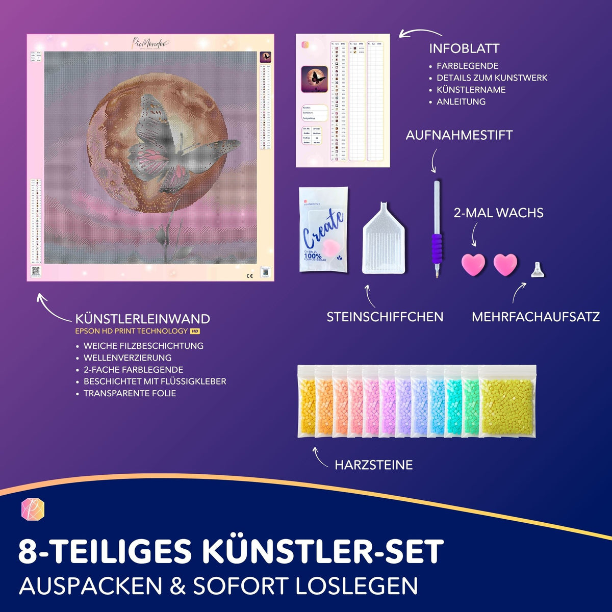 Diamond Painting Set Nightfly mit Schmetterling im Mondschein, Leinwand, bunten Harzsteinen und Zubehör für DIY-Kunst