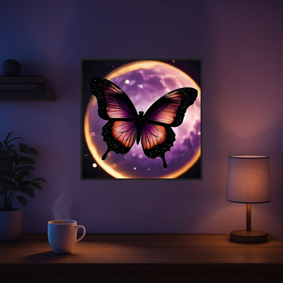 Diamond Painting Set Purple Moon mit leuchtendem lila Mond und Schmetterling als glitzerndes Wandbild