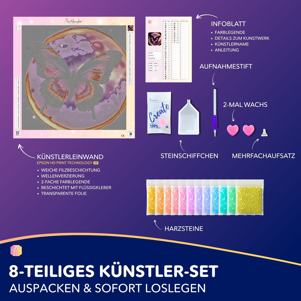 Diamond Painting Set Purple Moon mit Schmetterling, Leinwand, Harzsteinen und Zubehör für kreatives Basteln