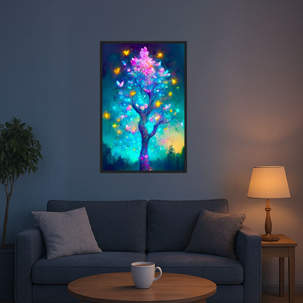 Diamond Painting Set Schmetterlingsbaum mit leuchtenden Farben und AB Steinen als Wanddekoration im Wohnzimmer