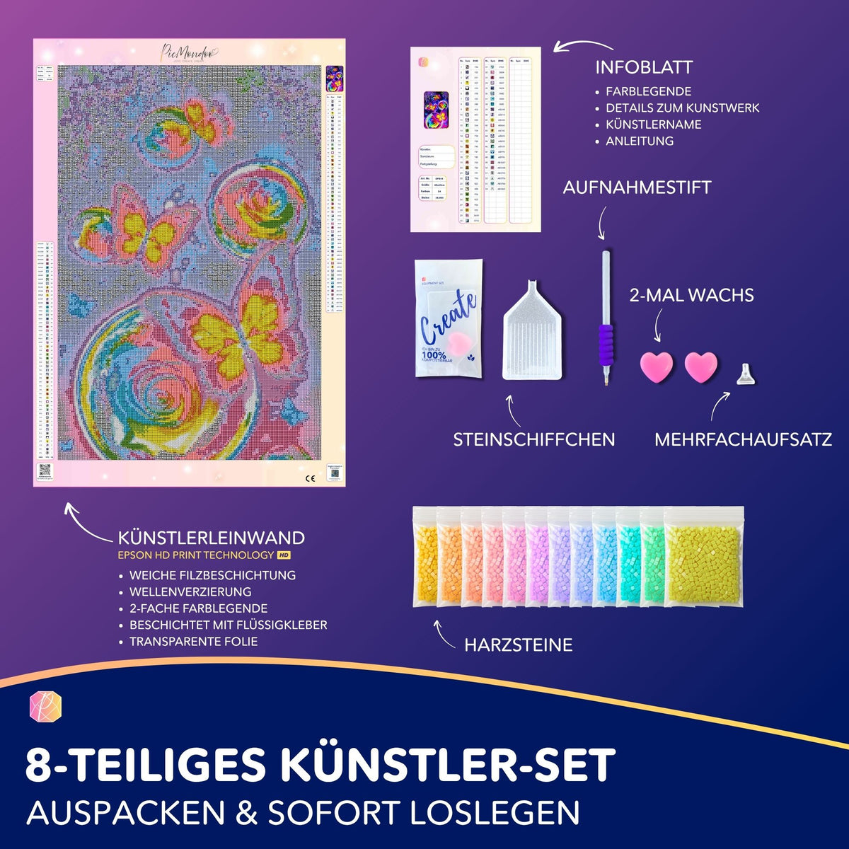 Diamond Painting Set Schmetterlingstanz mit Leinwand, bunten AB-Steinen und Zubehör für kreative Bastelprojekte