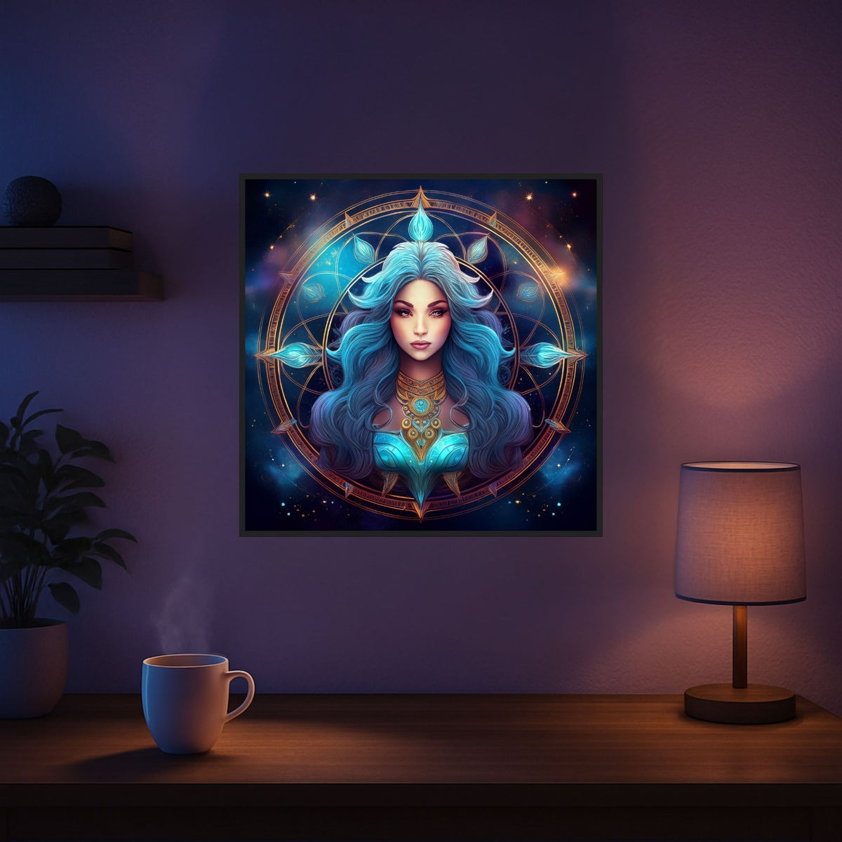 Diamond Painting Sternzeichen Jungfrau mit glitzernden AB-Steinen als dekoratives Fantasy-Wandbild in einem Wohnraum.