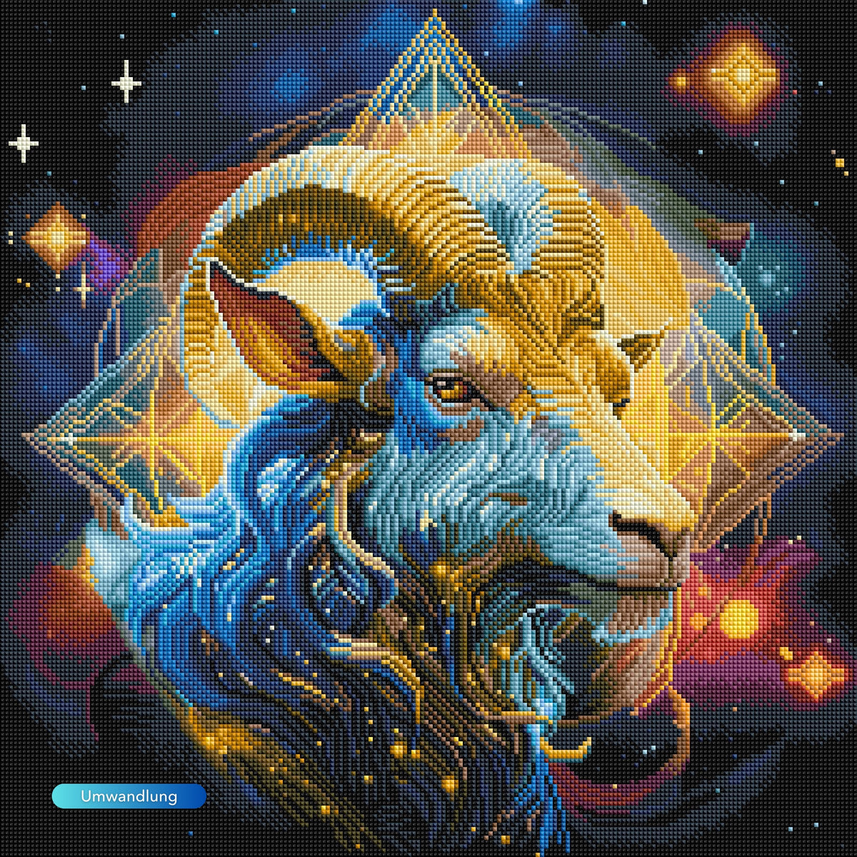 Diamond Painting Set Sternzeichen Steinbock mit funkelnden AB-Steinen und mystischem Fantasy-Motiv in Blau und Gold