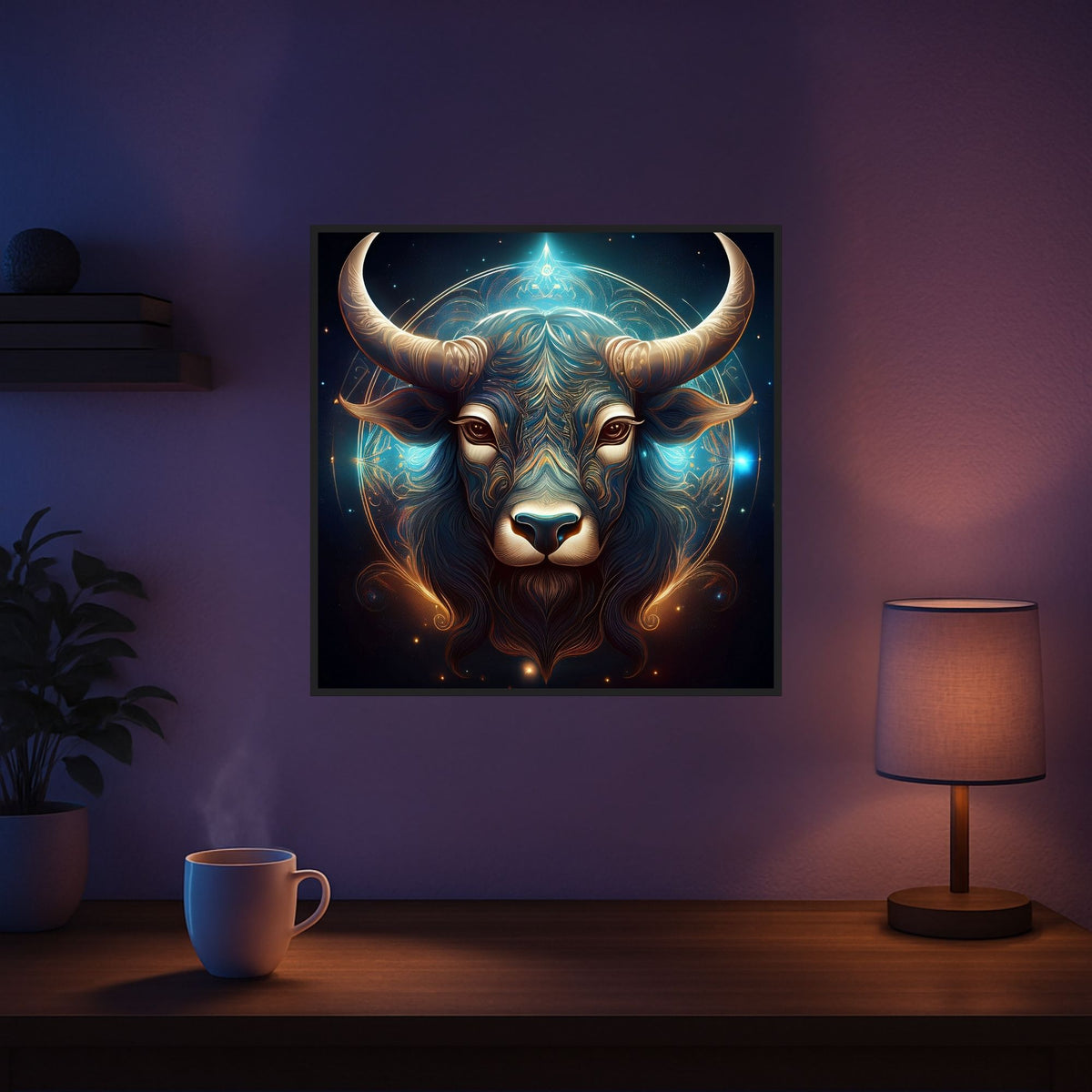 Diamond Painting Sternzeichen Stier mit leuchtenden AB-Steinen, gerahmt als Kunstwerk im gemütlichen Wohnraum.