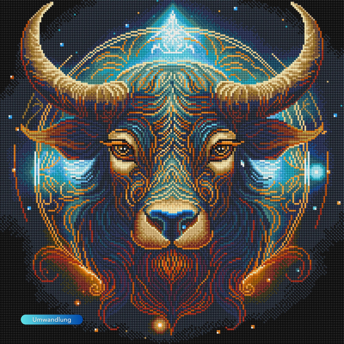 Diamond Painting Sternzeichen Stier mit bunten Details und Metallicsteinen im 50x50cm Format für DIY-Fans