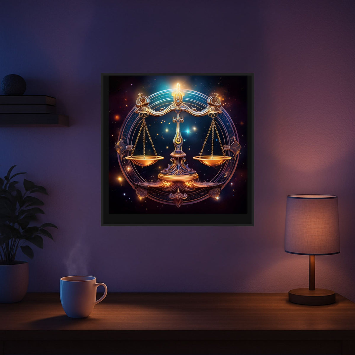 Diamond Painting Sternzeichen Waage als gerahmtes Wandbild mit glitzernden AB-Steinen und goldenen Fantasy-Details
