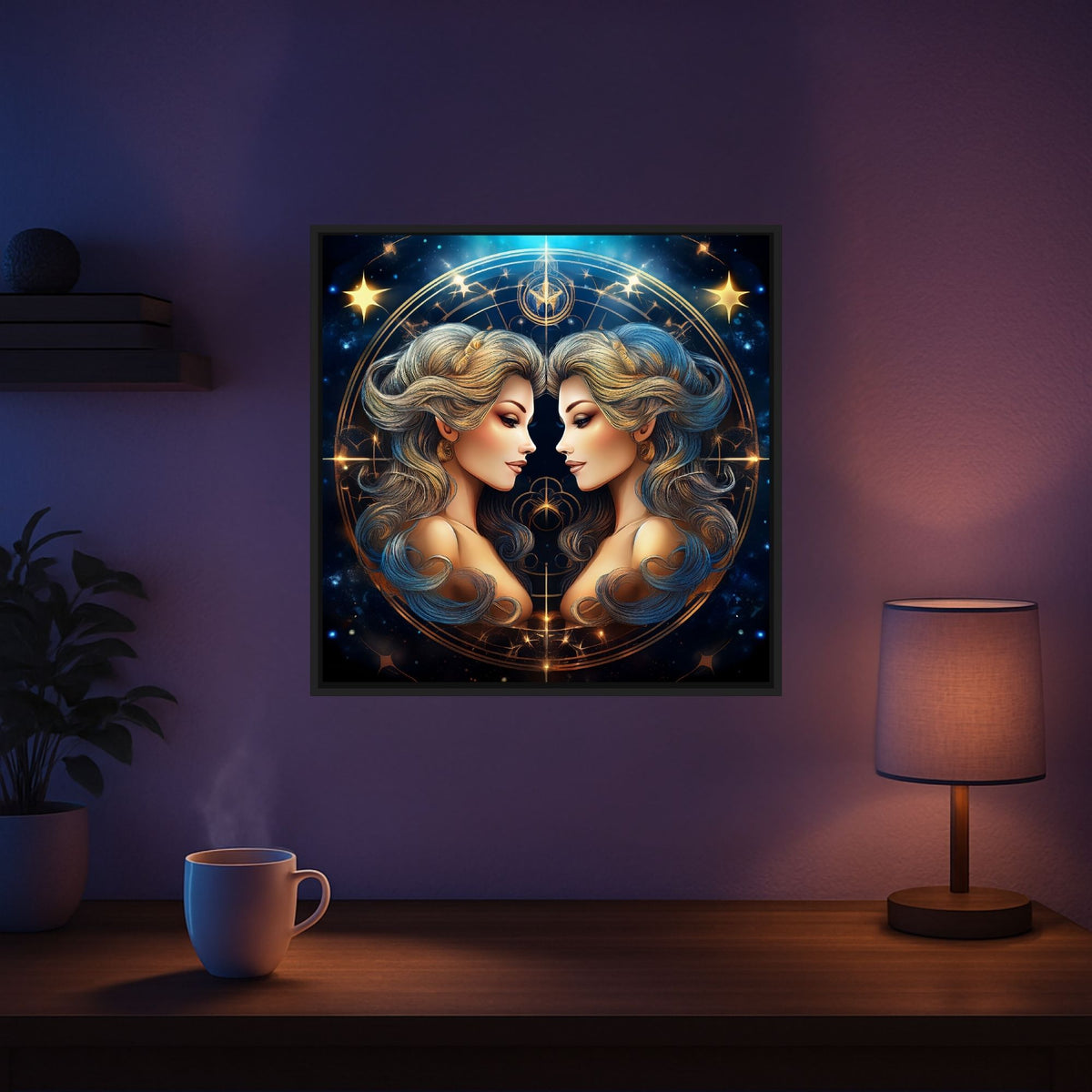 Diamond Painting Sternzeichen Zwilling mit glitzernden AB-Steinen und mystischem Astrologie-Motiv in einem Wohnraum