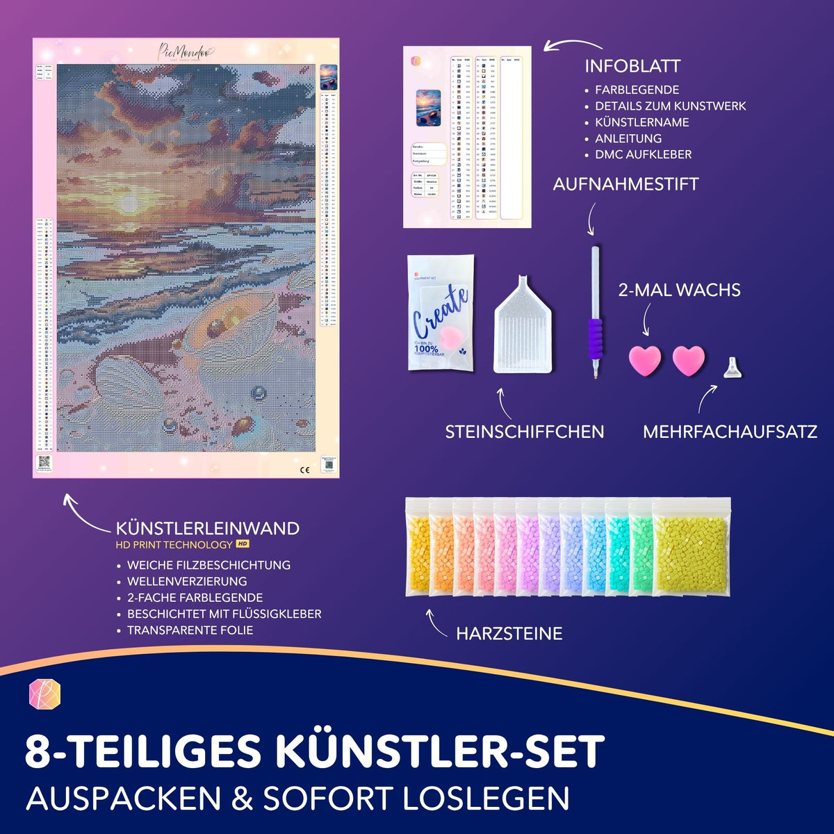 Diamond Painting Set Strandliebe mit Leinwand, Muscheln am Meer, bunten Glitzersteinen und Zubehör für DIY Kunstwerke.