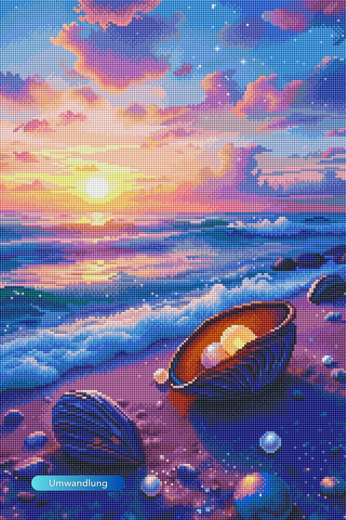 Diamond Painting Set Strandliebe mit romantischem Sonnenuntergang, Muscheln im Sand und glitzernden Perlen am Meer.