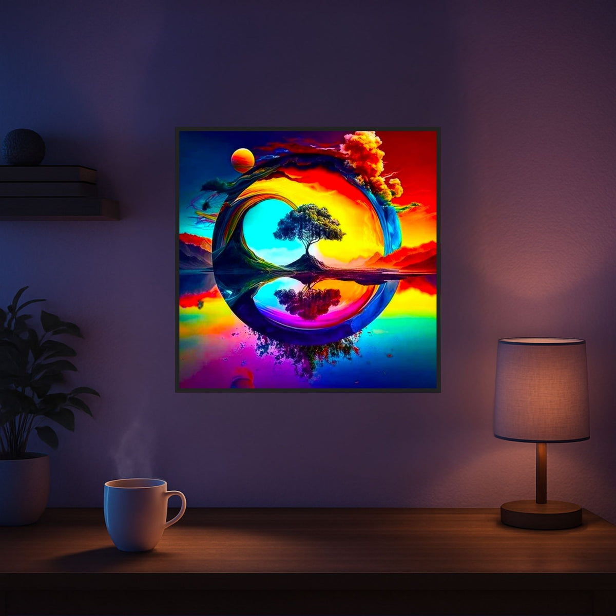 Diamond Painting Set The Land of Fantasy mit buntem Baum-Motiv, schimmernden AB Steinen und Mond in einer magischen Welt