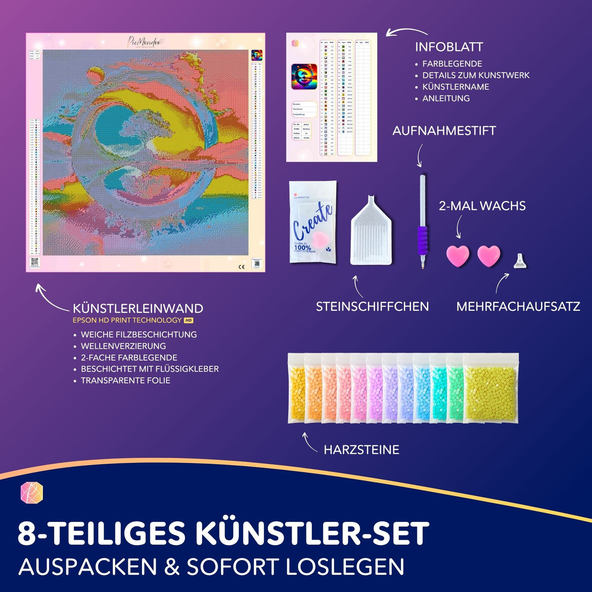 Diamond Painting Set The Land of Fantasy mit eckigen Steinen, Leinwand, Werkzeug und farbenfrohen Harzsteinen