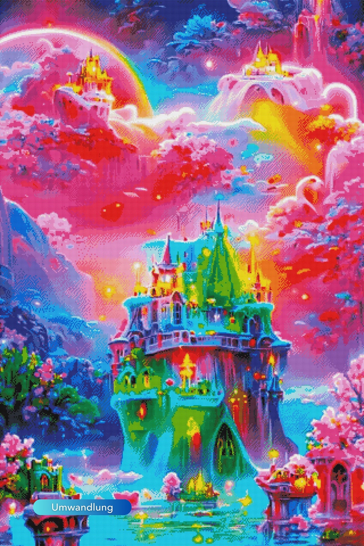 Großes Diamond Painting Set Traumland mit glitzernden AB-Steinen, Fantasie-Schloss, Regenbogen und leuchtenden Farben.