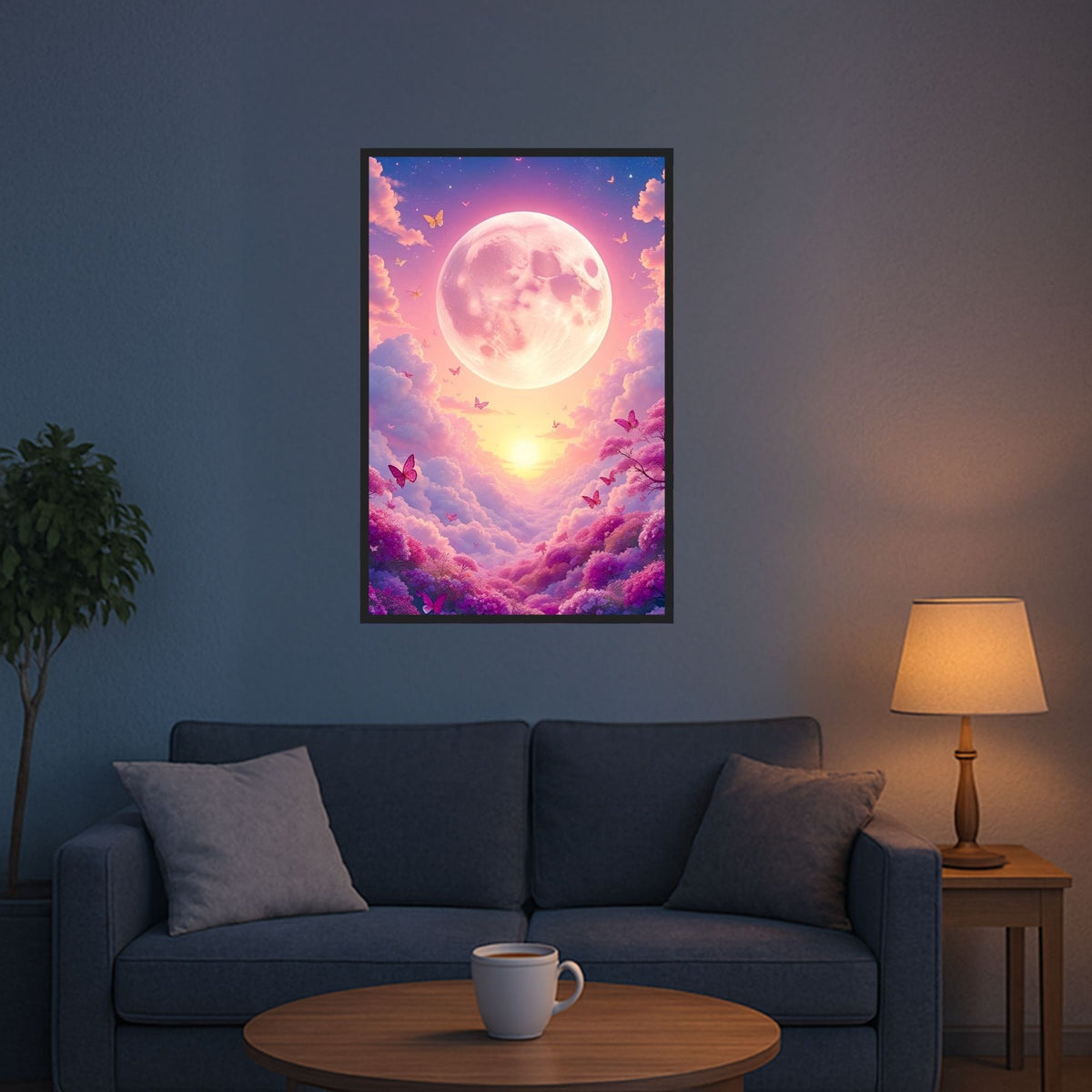 Diamond Painting Wolkenreich: Traumhafter rosa Himmel mit Mond, Schmetterlingen und Blüten als glitzerndes DIY-Set