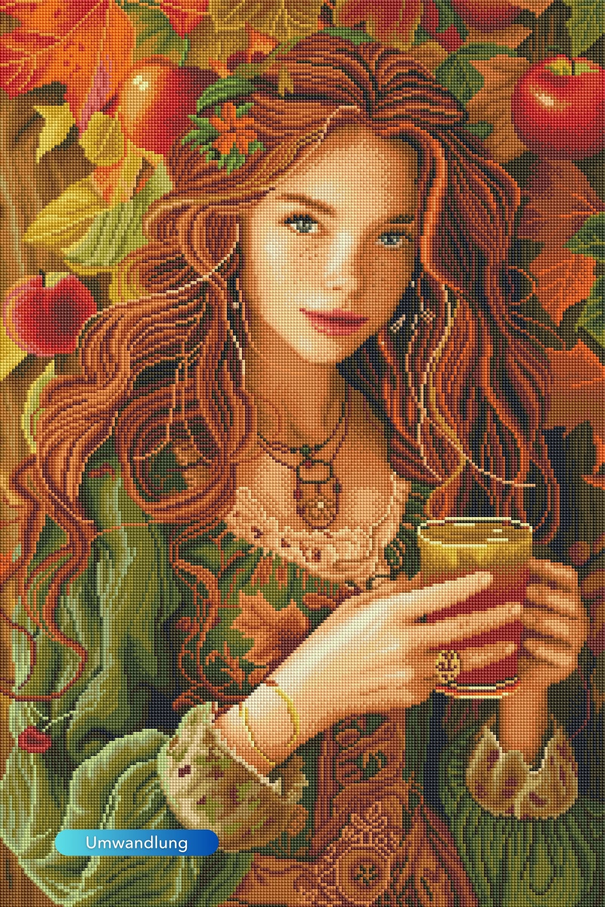 Diamond Painting Apfelmädchen Ruby mit rotem Haar, Äpfeln und herbstlichen Blättern als detailreiches DIY-Kunstwerk.