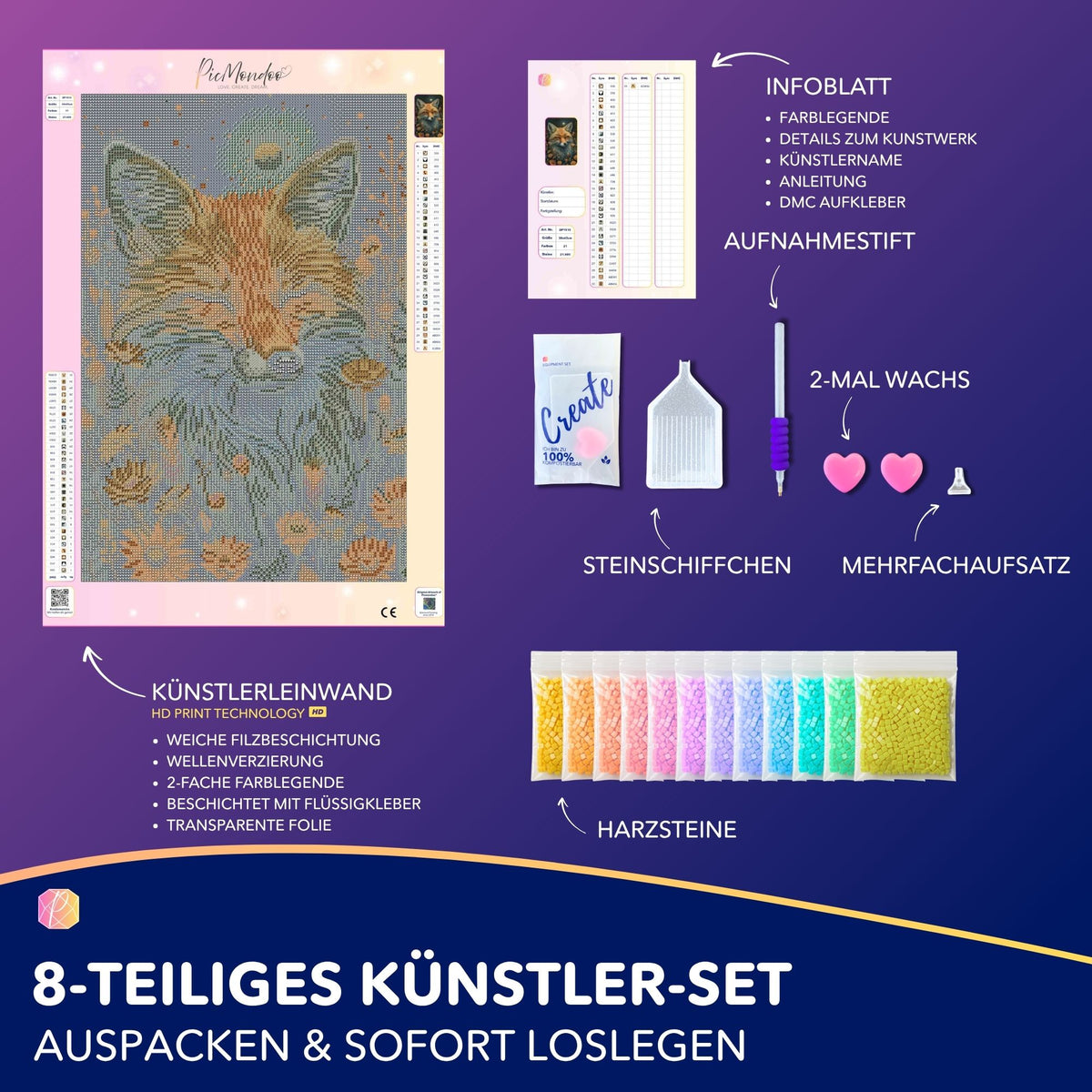 Diamond Painting Set Foxy Dreams von Susen Pfifferling mit Leinwand, bunten Harzsteinen und Zubehör für DIY-Kunstwerke.