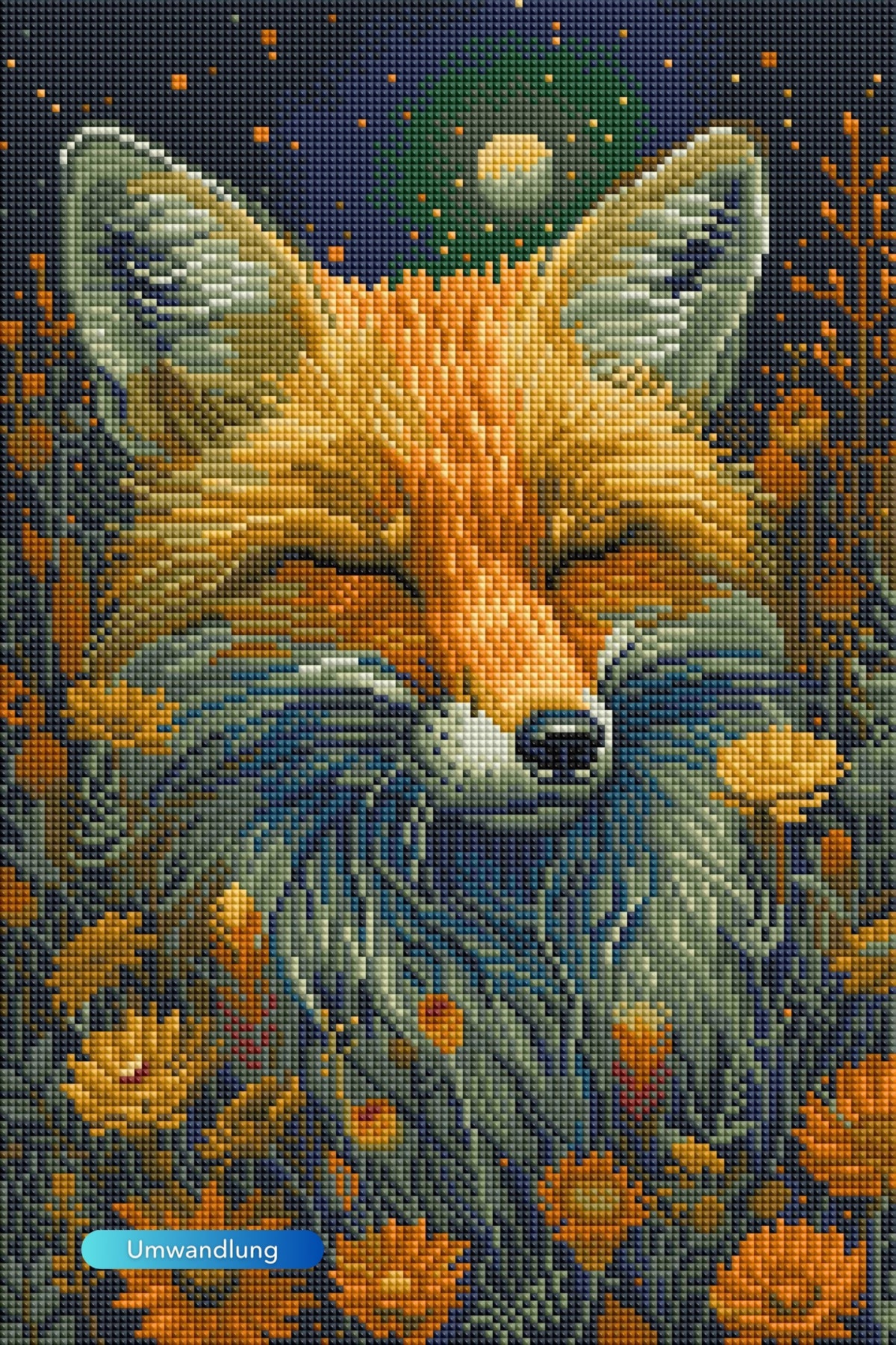 Diamond Painting Set Foxy Dreams mit schlafendem Fuchs, Blumen und Mond in warmen Farben und Glitzersteinen