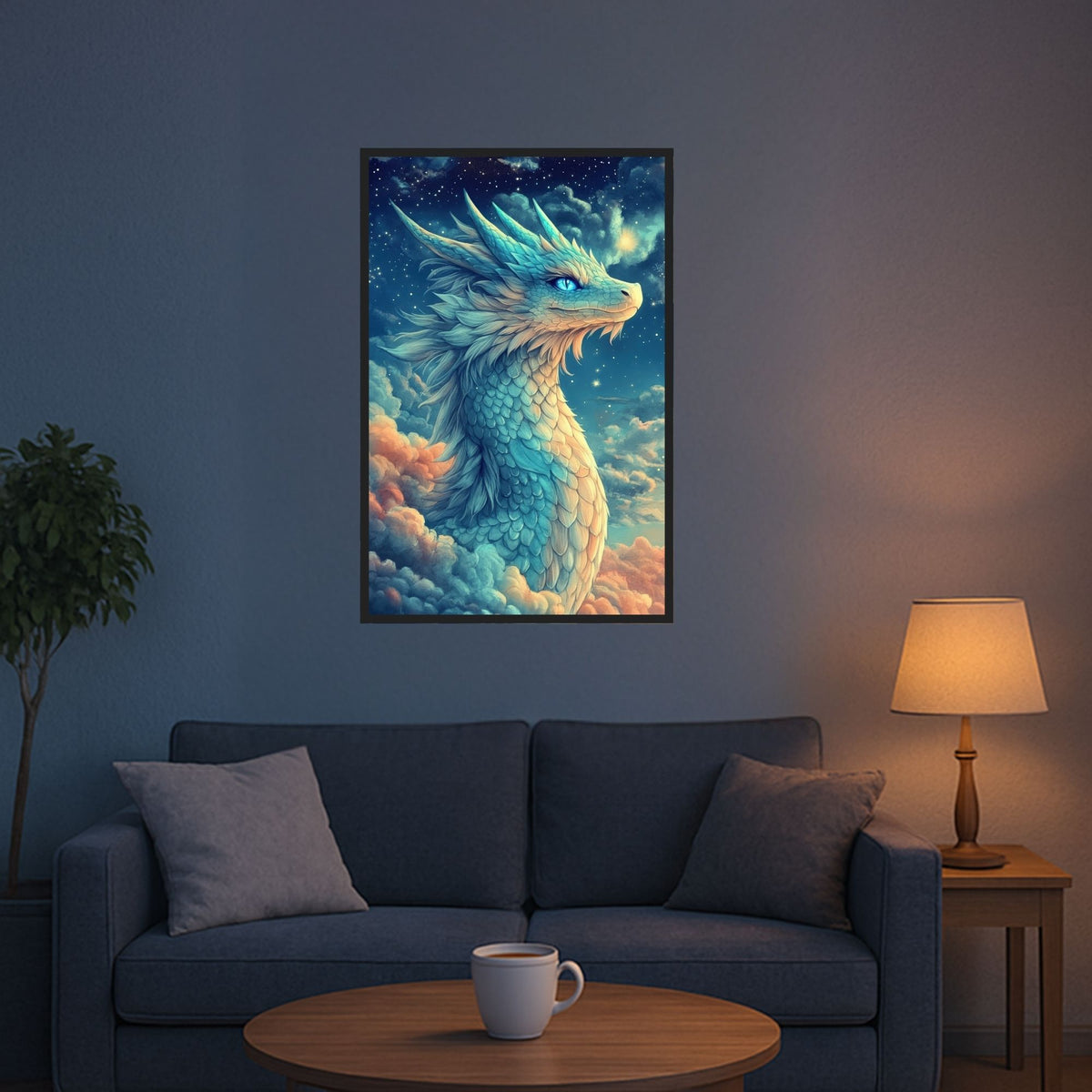 Diamond Painting Set Himmelsdrache Saphira mit blauem Fantasy-Drachen, glitzernden Sternen und bunten Wolken.