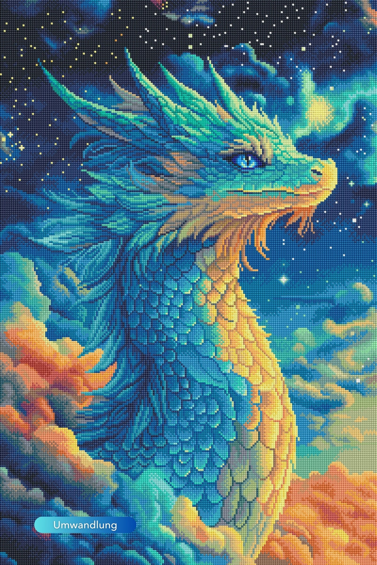 Diamond Painting Set Saphira Himmelsdrache mit schimmernden Steinen vor buntem Sternenhimmel und Wolken