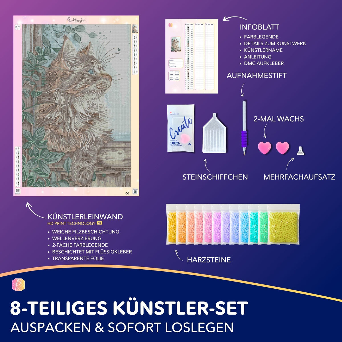 Diamond Painting Set Kater Cosimo von Susen Pfifferling mit Leinwand, bunten Harzsteinen und komplettem Zubehör