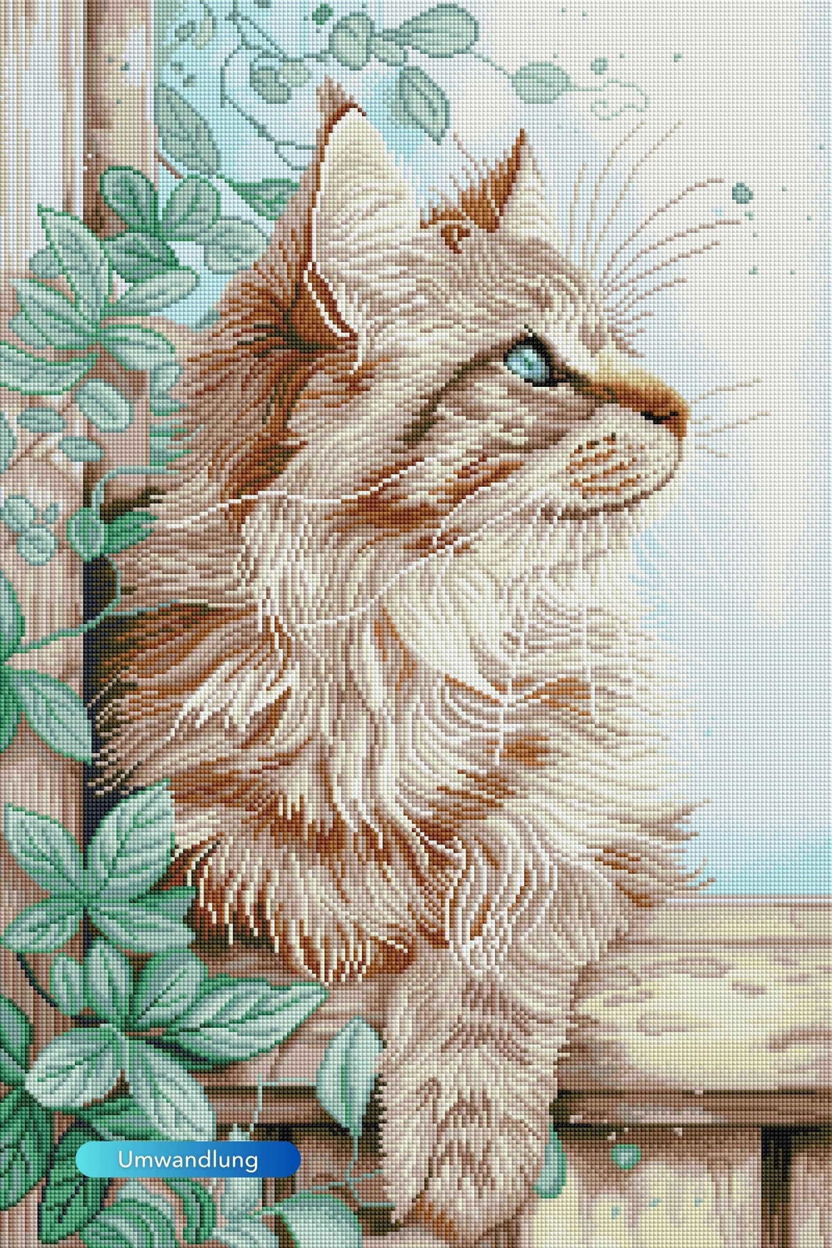 Diamond Painting Set Kater Cosimo mit blauen Augen und Efeu, Detailansicht eines fertigen Mosaik-Kunstwerks