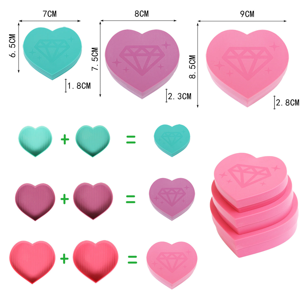 Diamond Painting Zubehör: 3er Set herzförmige Steinschiffchen mit Deckel, stapelbar in verschiedenen Größen und Farben.