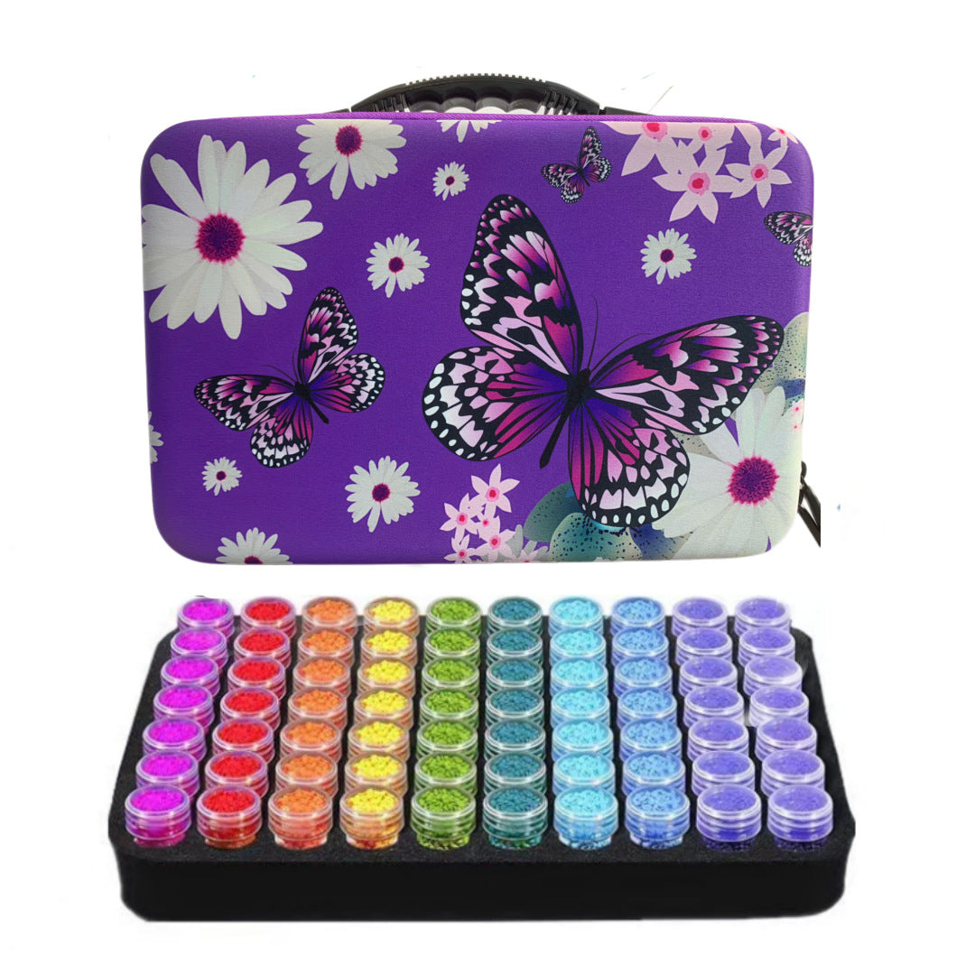 Lila Diamond Painting Aufbewahrungskoffer mit Schmetterlings-Design und 60 Döschen zur Sortierung der Steine