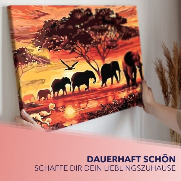 Malen nach Zahlen für Erwachsene mit Elefanten-Herde in der Savanne bei orangefarbenem Sonnenuntergang