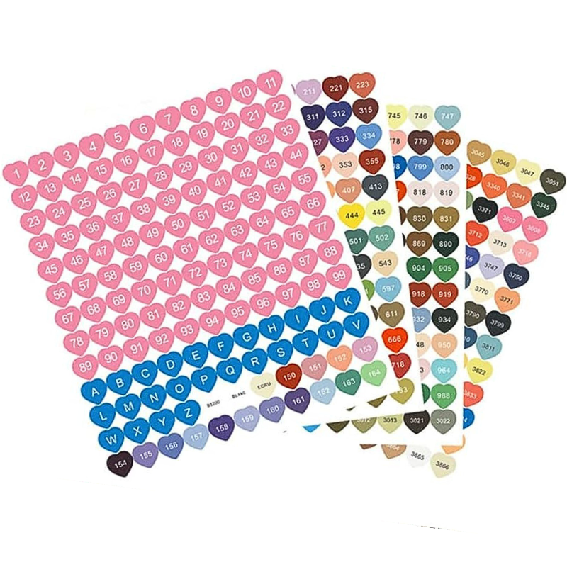 Bunte herzförmige DMC Sticker mit Nummern zur Organisation von Diamond Painting Perlen in Aufbewahrungsboxen