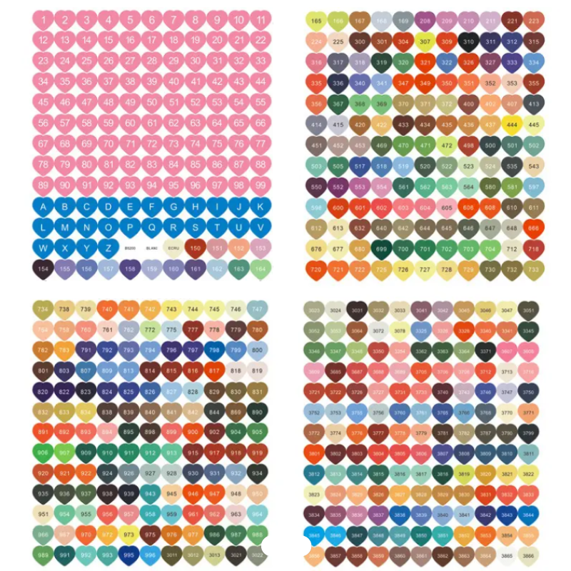 Vier Bögen mit bunten Herz-Aufklebern zur DMC-Beschriftung und Organisation für Diamond Painting Aufbewahrungsboxen