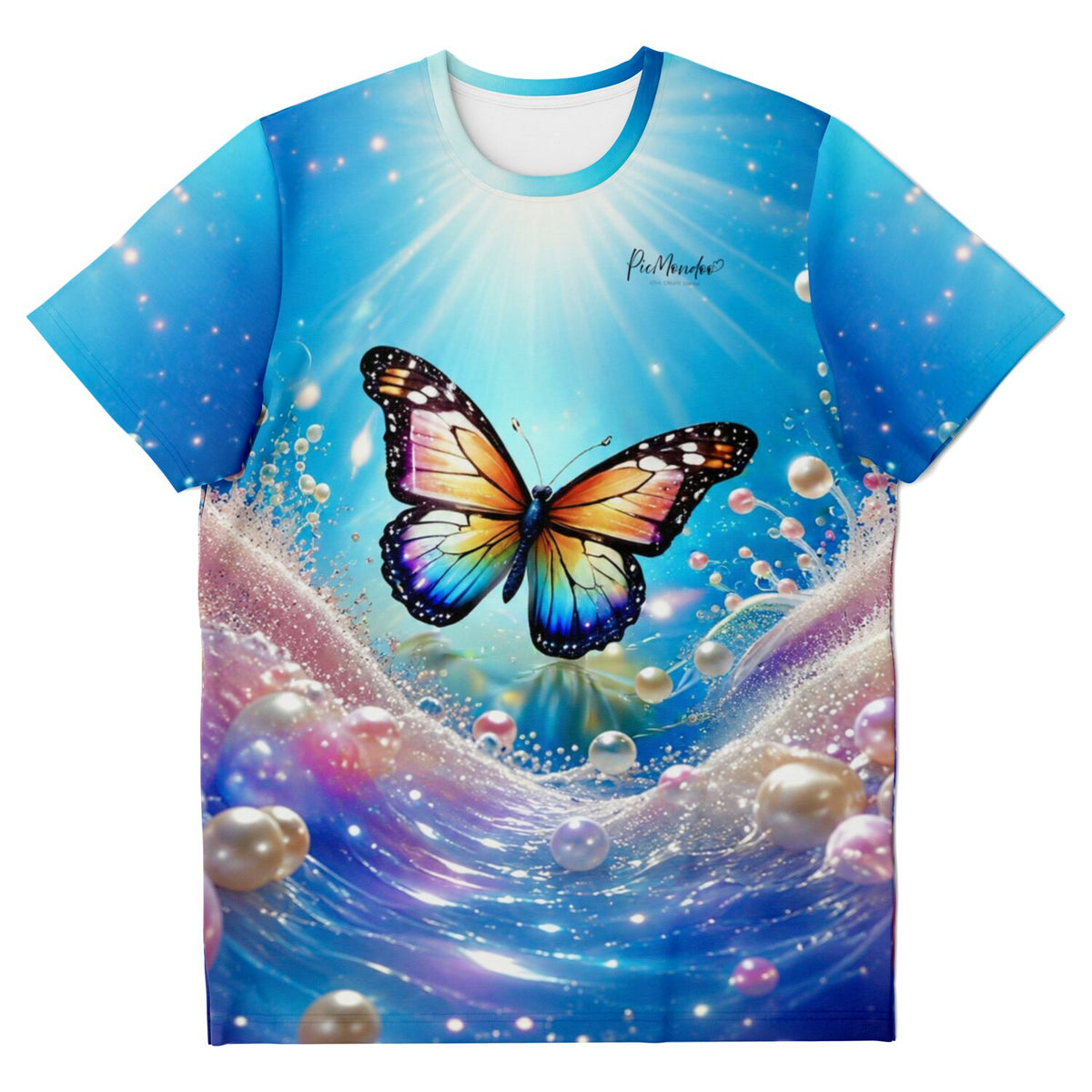 Dreamer T-Shirt mit buntem Schmetterling, Perlen und Glitzereffekten im Stil von Diamond Painting Kunstwerken
