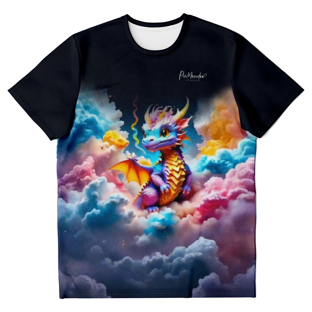 Schwarzes T-Shirt mit buntem Baby-Drachen Motiv in traumhaften Wolken, inspiriert von Diamond Painting Kunstwerken