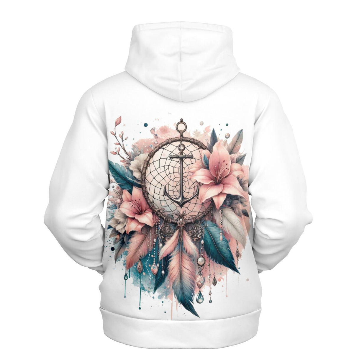 Weißer Hoodie mit Dreamcatcher-Motiv, Anker, rosa Blumen und Federn in hochwertigem Druck