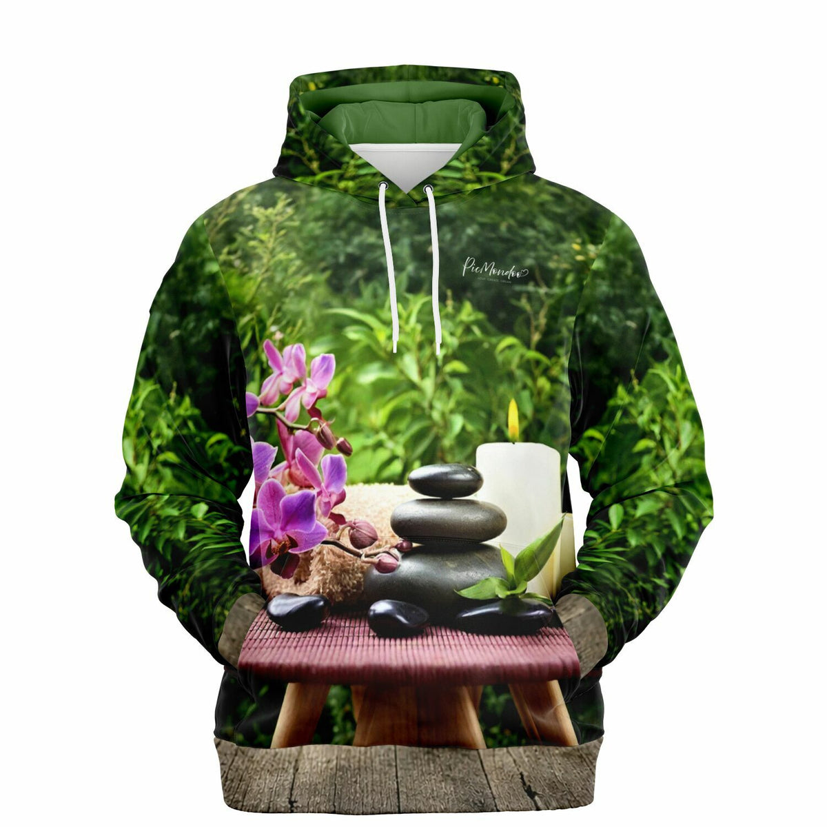 Dreamer Hoodie mit Oase-der-Entspannung-Motiv: Zen-Steine, Orchideen und Kerze, ideal für Wellness-Fans.
