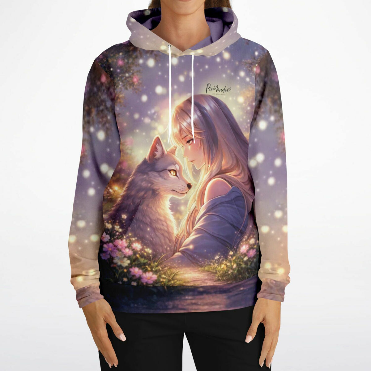Dreamer Hoodie mit Motiv Mädchen und Wolf im magischen Lichterwald für Fans von Diamond Painting und DIY-Kunst