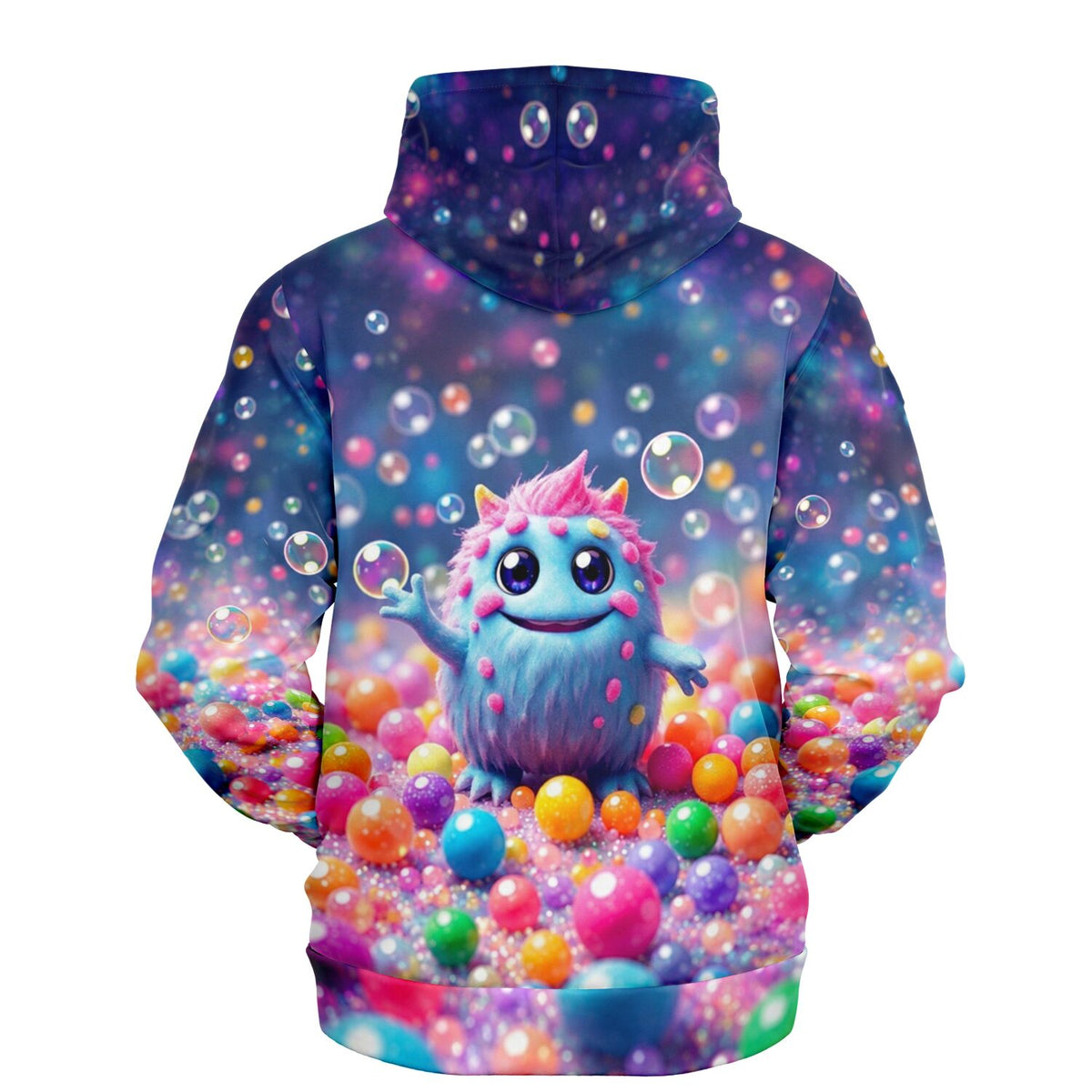 Dreamer Hoodie mit buntem Muffti-Monster-Design, umgeben von Seifenblasen und farbenfrohen Kugeln, vollflächiger Druck