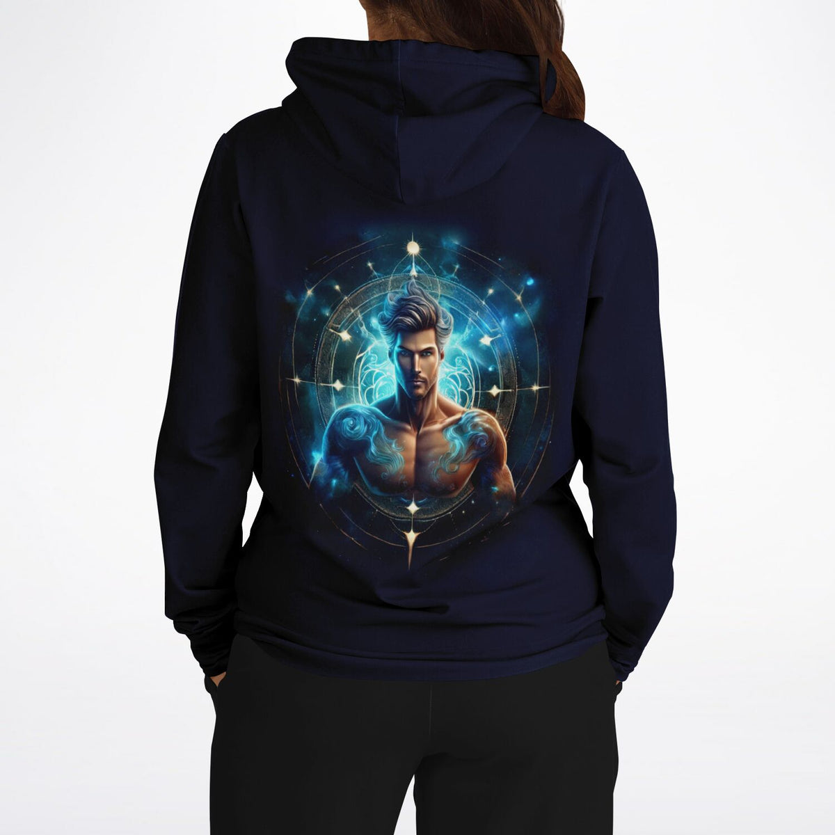 Dunkelblauer Hoodie mit Sternzeichen Wassermann Motiv im Kunst-Stil, der unsere Leidenschaft für kreative DIY-Designkunst zeigt.