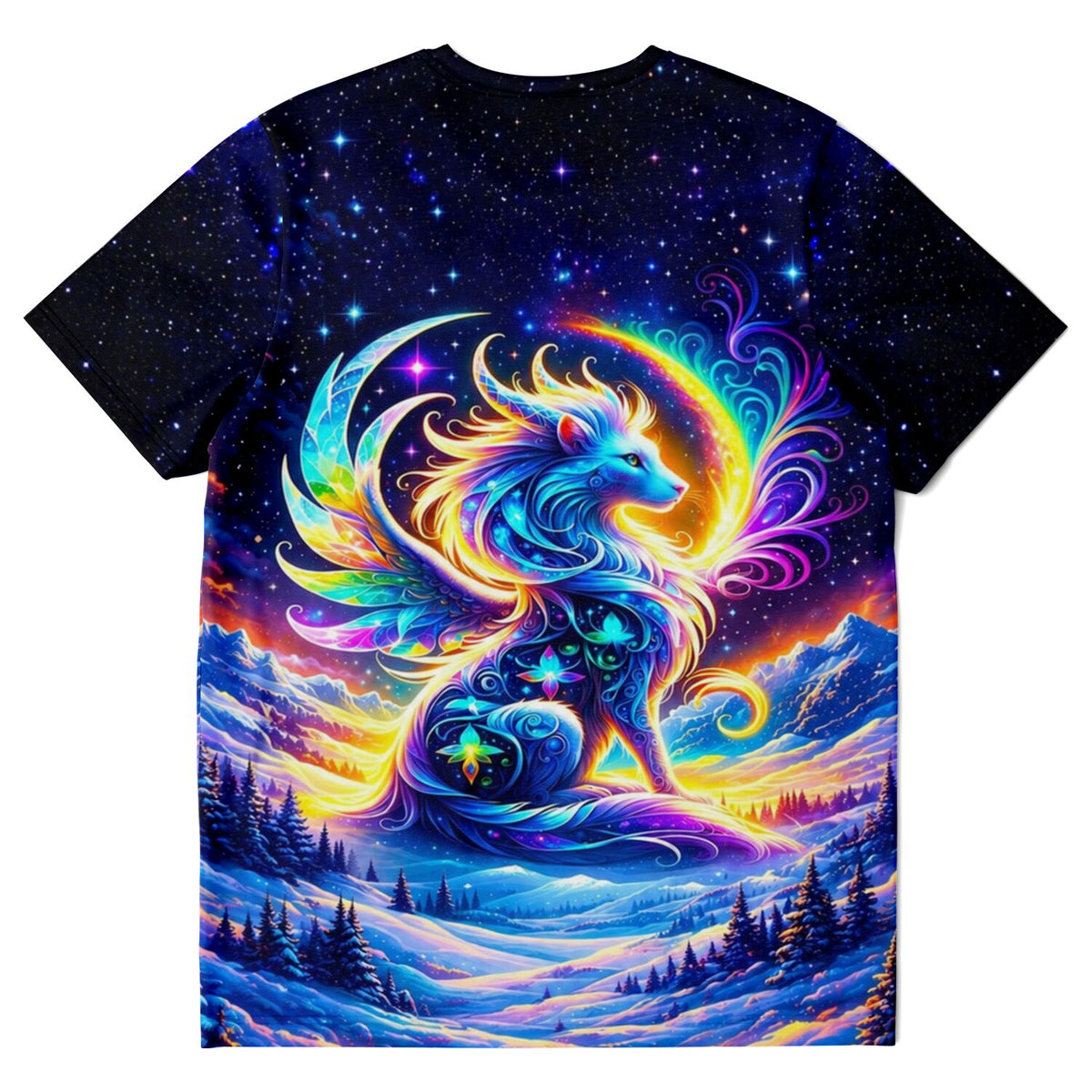 T-Shirt mit buntem Löwen Motiv wie bei Diamond Painting für Erwachsene, Hüterin der Berge Design mit Sternenhimmel
