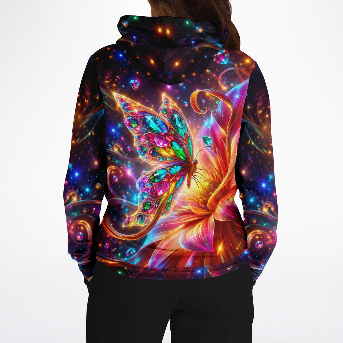 Hoodie mit buntem Schmetterling im Diamond Painting Design, farbenfrohe Glitzersteine und Blumen auf dunklem Hintergrund.