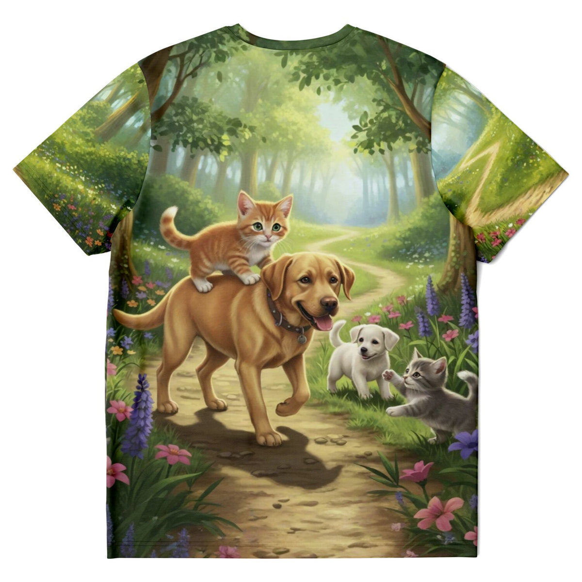 T-Shirt Waldspaziergang mit Hund und Katzen im Stil beliebter Malen nach Zahlen Motive für Tierfreunde