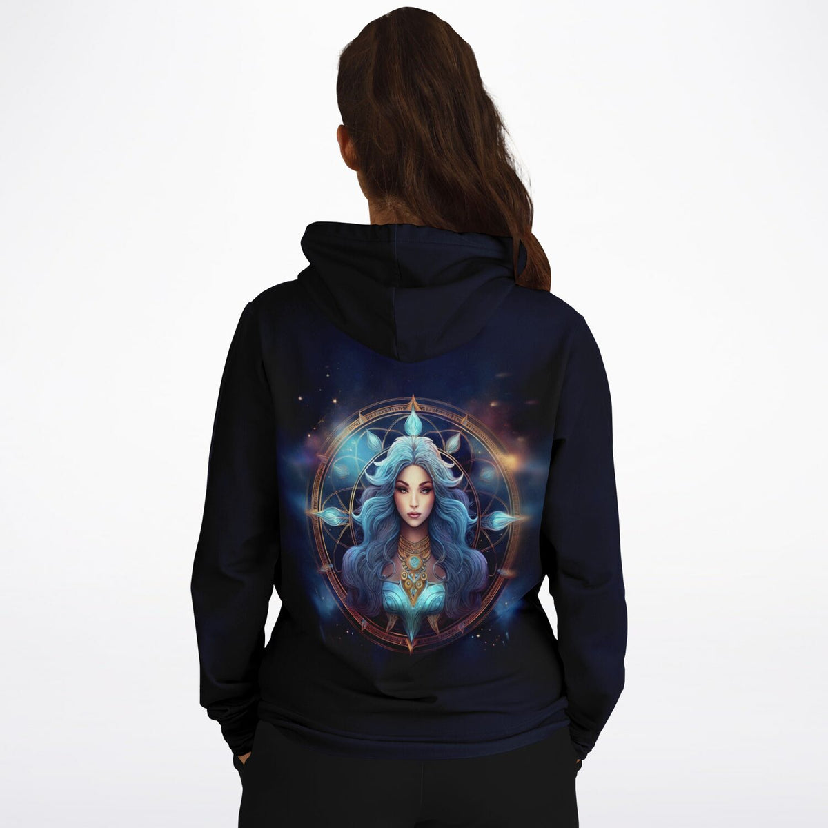Schwarzer Dreamer Hoodie für Erwachsene mit Sternzeichen Jungfrau Motiv – ideal für Fans von Malen nach Zahlen Designs.