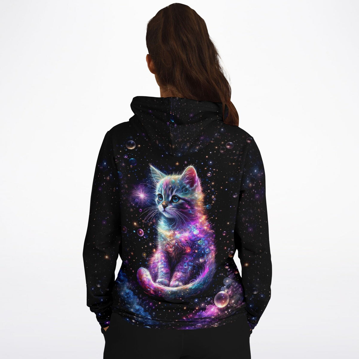 Schwarzer Dreamer Hoodie mit buntem Kätzchen Kunterbunt Motiv im Galaxie-Design inspiriert von Diamond Painting Kunst