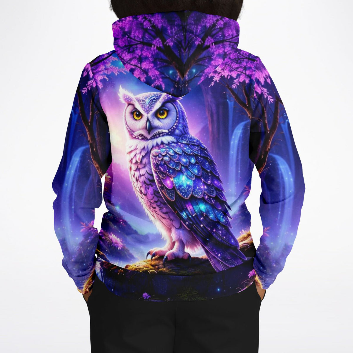 Dreamer Hoodie Hüterin der Dämmerung mit Eulen-Motiv in leuchtenden Lila- und Blautönen für Fans von Diamond Painting