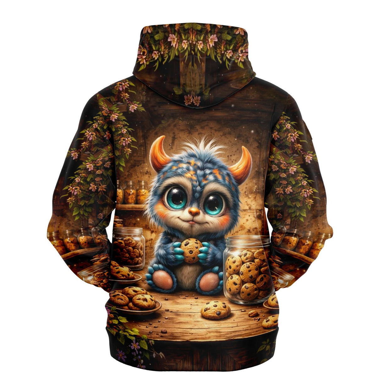 Dreamer Hoodie mit niedlichem Monster-Motiv und Keks-Design in buntem AOP-Druck für Fans von kreativen DIY-Kunststilen.