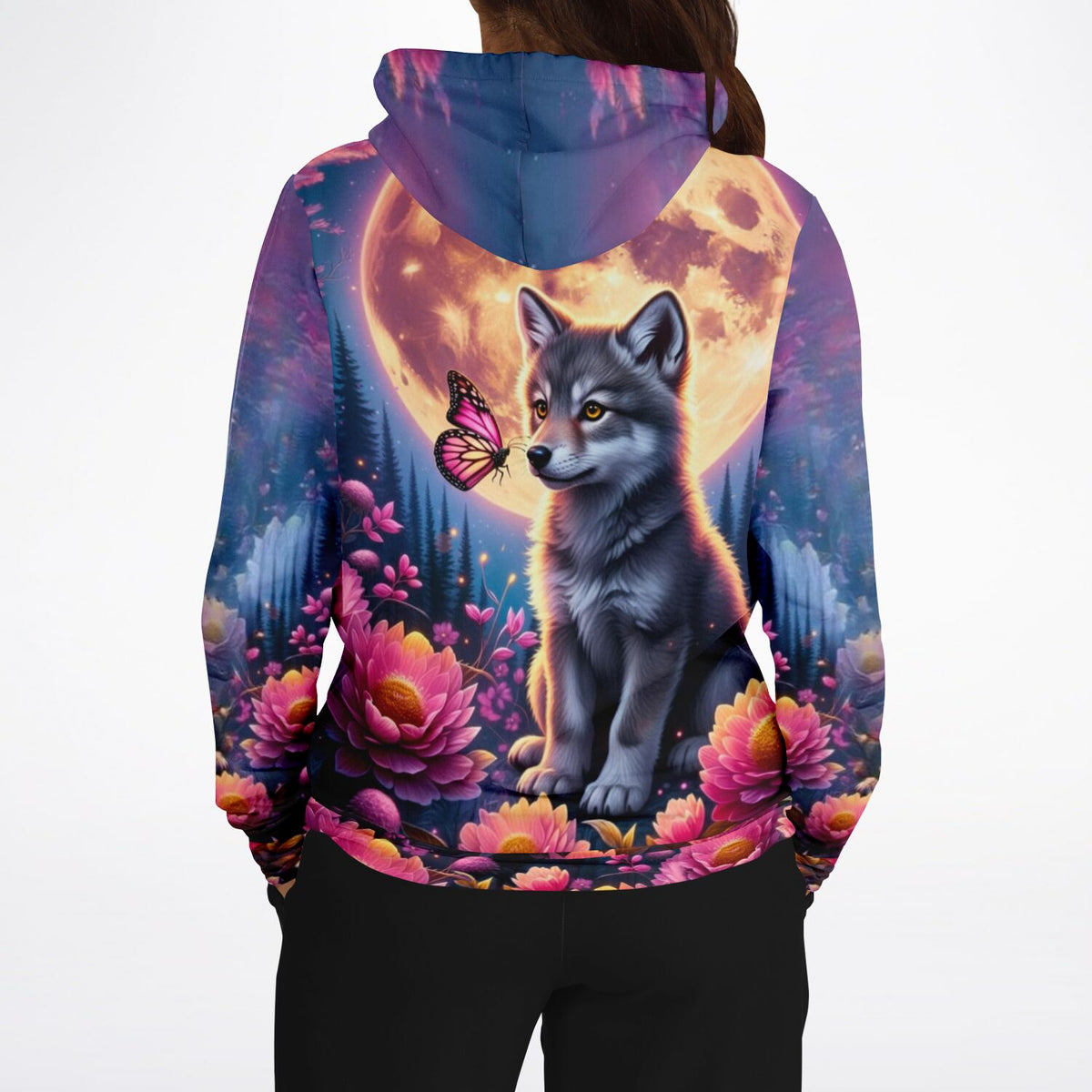 Dreamer Hoodie mit Wolf, Mond und Schmetterling – perfekt für Fans von Diamond Painting und Malen nach Zahlen Motiven.