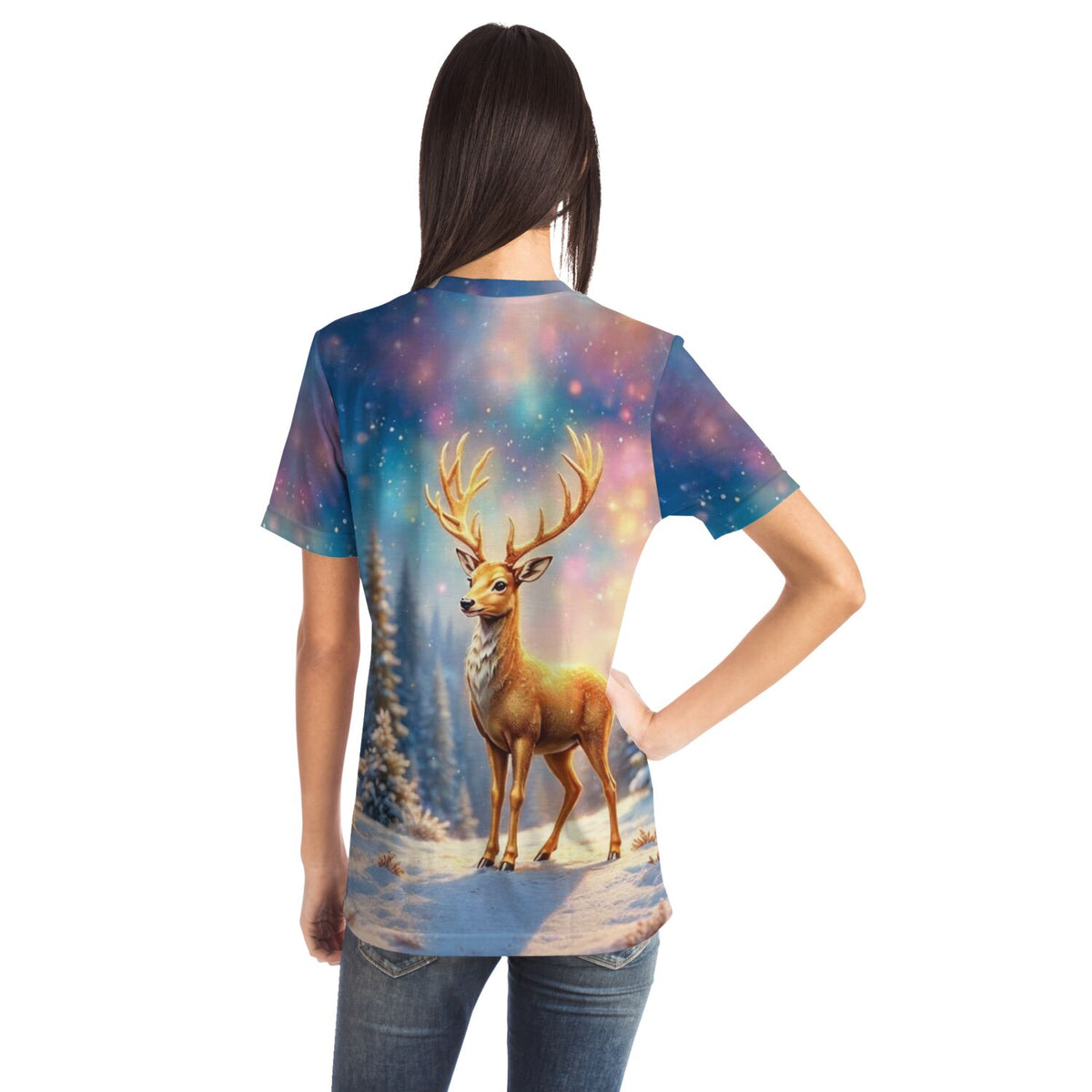 T-Shirt mit Hirsch-Aufdruck im Winterwald, inspiriert durch Malen nach Zahlen und Diamond Painting Kunstwerke