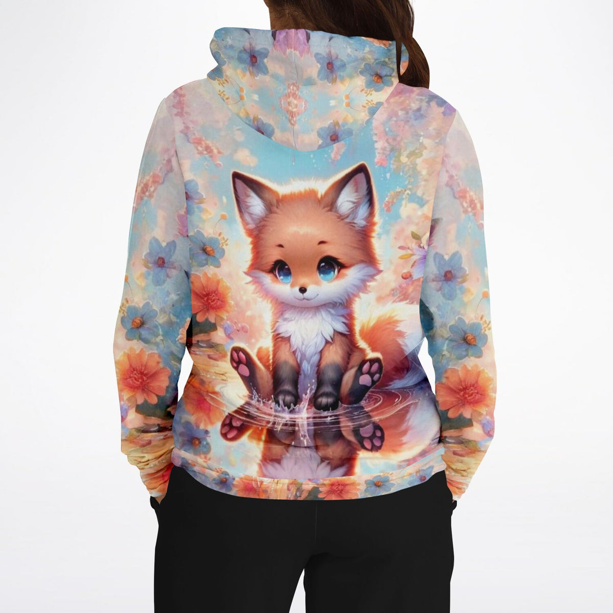Dreamer Hoodie mit niedlichem Fuchs-Motiv, kunstvollem floralem AOP-Design und leuchtenden Farben wie beim Malen nach Zahlen