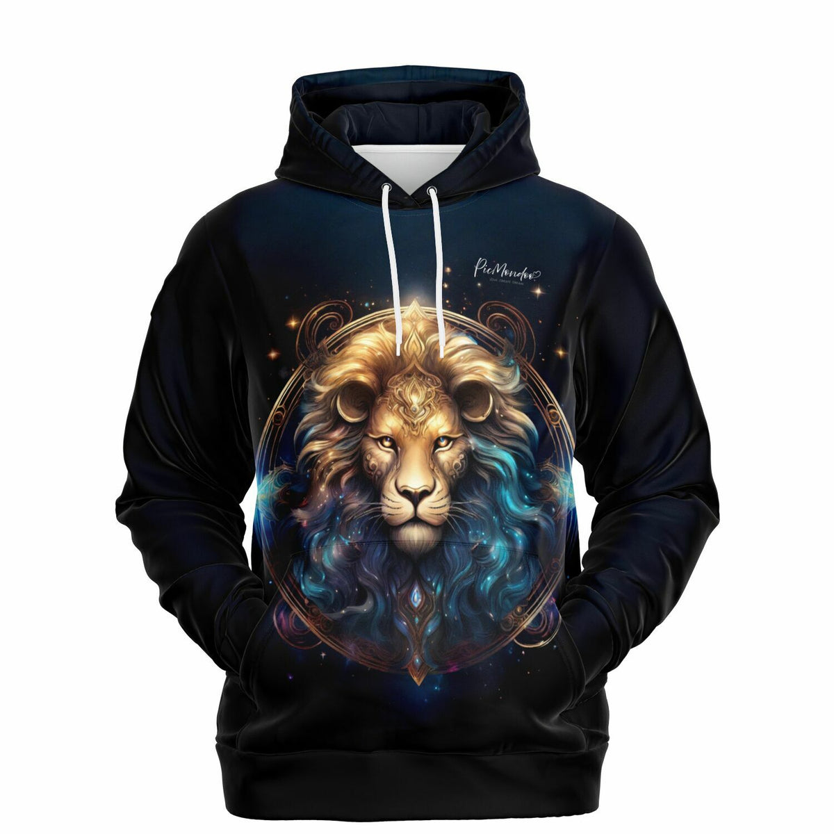 Schwarzer Dreamer Hoodie mit goldenem Löwen-Motiv und Sternzeichen-Design für Fans kreativer Kunstwerke