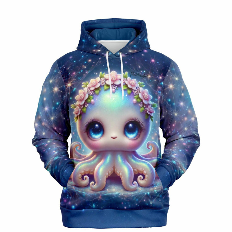 Dreamer Hoodie mit niedlichem Oktopus-Motiv, Blumenkranz und magischem Galaxie-Hintergrund in leuchtenden Farben.