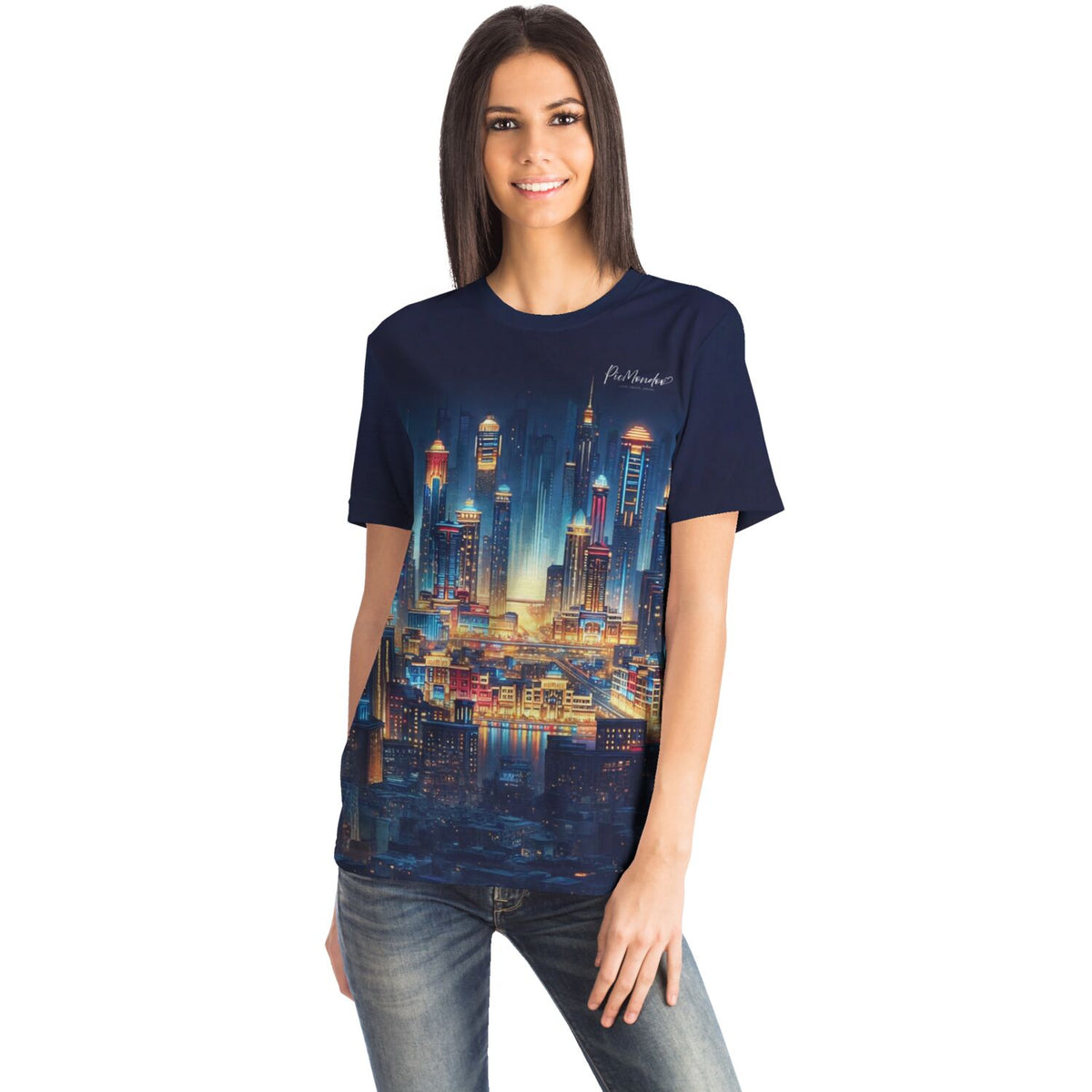 Frau trägt dunkelblaues Dreamer T-Shirt mit leuchtendem Stadt der Lichter Motiv im Stil moderner Malen nach Zahlen Kunst
